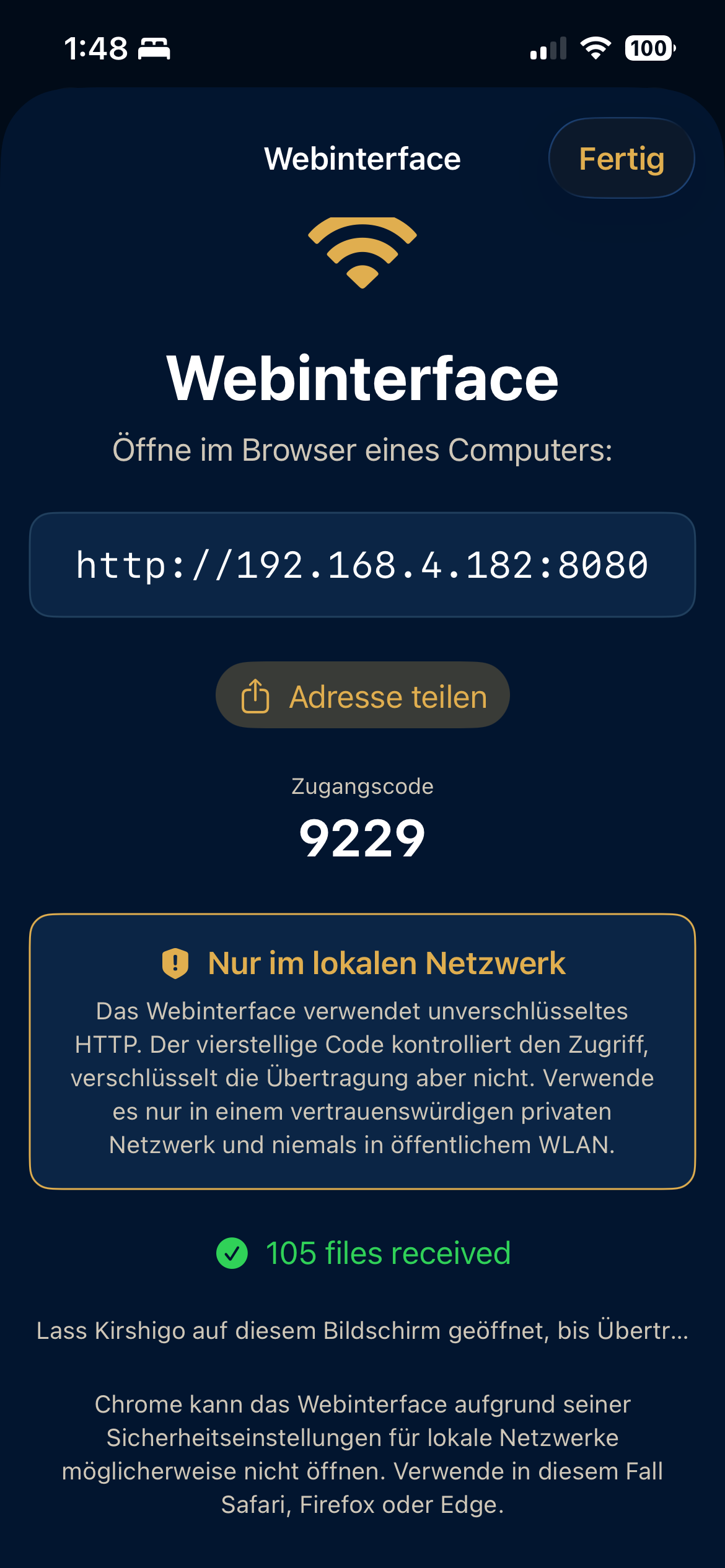 Kirshigo-Webinterface auf einem iPhone